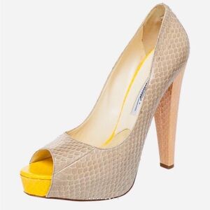Brian Atwood Exotic Snakeskin Peep-Toe Platform Pumps Yellow/Grey 38.5 (7.5)